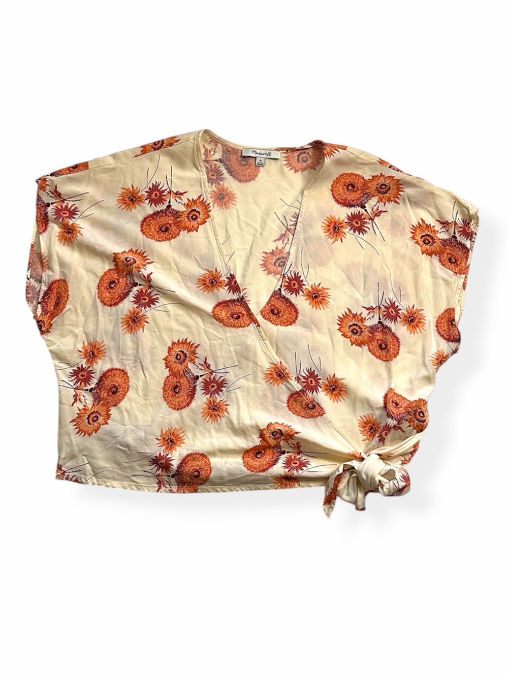 MADEWELL Floral Wrap V-Neck Short Sleeve Top - White with Coral Floral - Picture 3 of 8